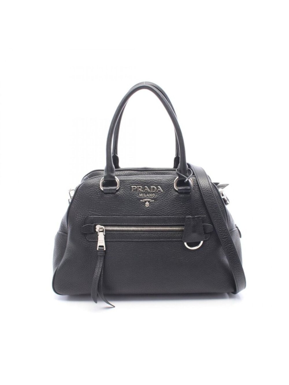 Prada Handbag Vitello Phenix Black Leather Metal Logo 2-Way Tote